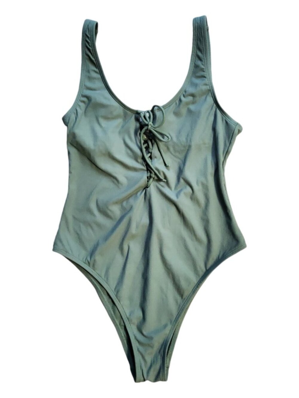 Xhilaration Womens One Piece Swimsuit M Medium Olive Green Lace Up Ribbed Sexy